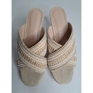 Kelly & Kate Women's sz 9M Beige Wedge 3.5 in. w Criss Cross Beaded Straps
